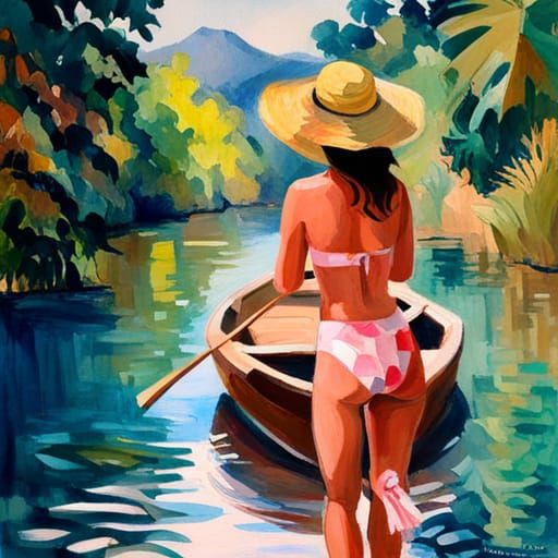 Thailand River Scene in Gouache Style