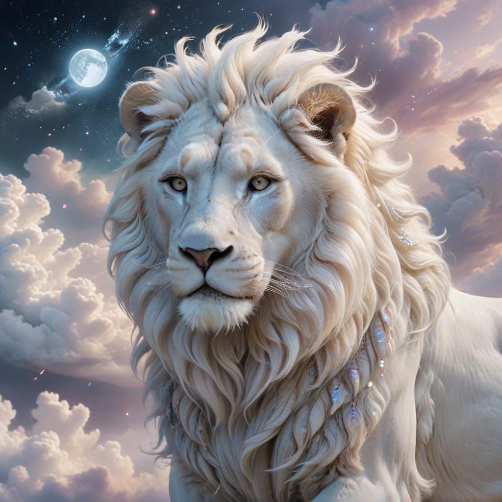Opalescent White Lion in Dreamlike Landscape