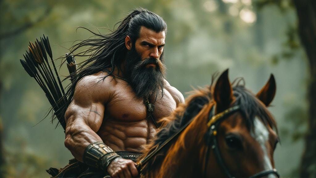 A masculine male centaur with a classic rugged handsome face...