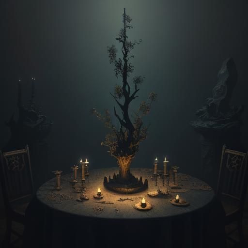 Eerie Rabbit at Twisted Table: Dark Fantasy Painting