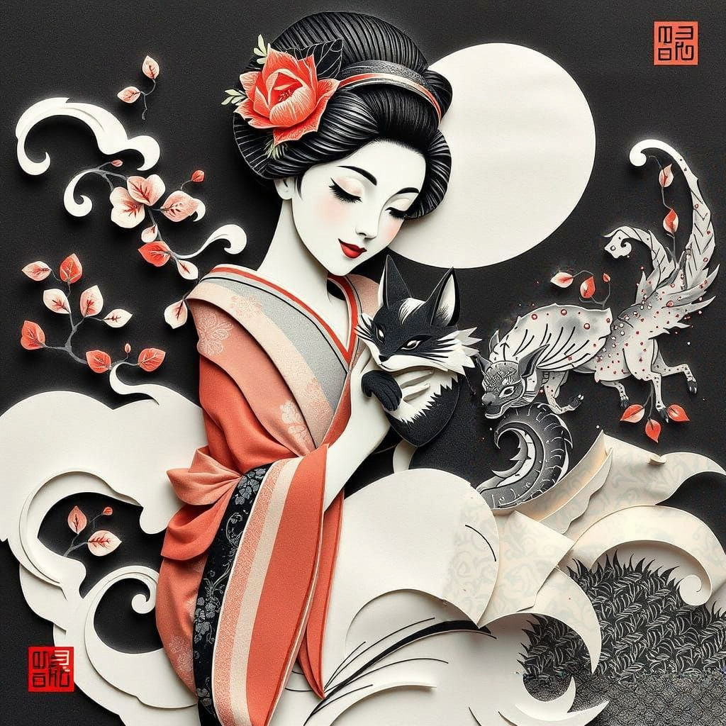 Surreal Geisha Encounters Kitsune in Sumi-e Brushwork