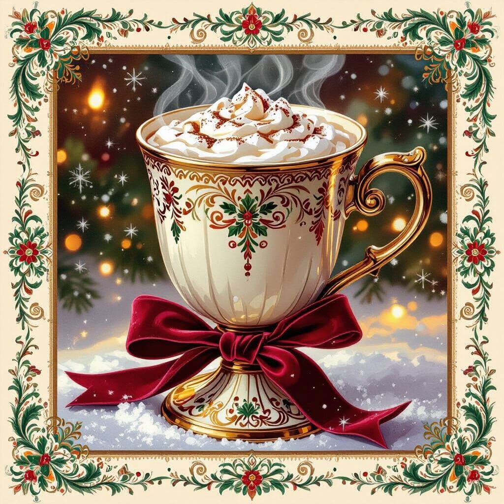 Vibrant Oil Painting of Steaming Hot Cocoa in Festive Border