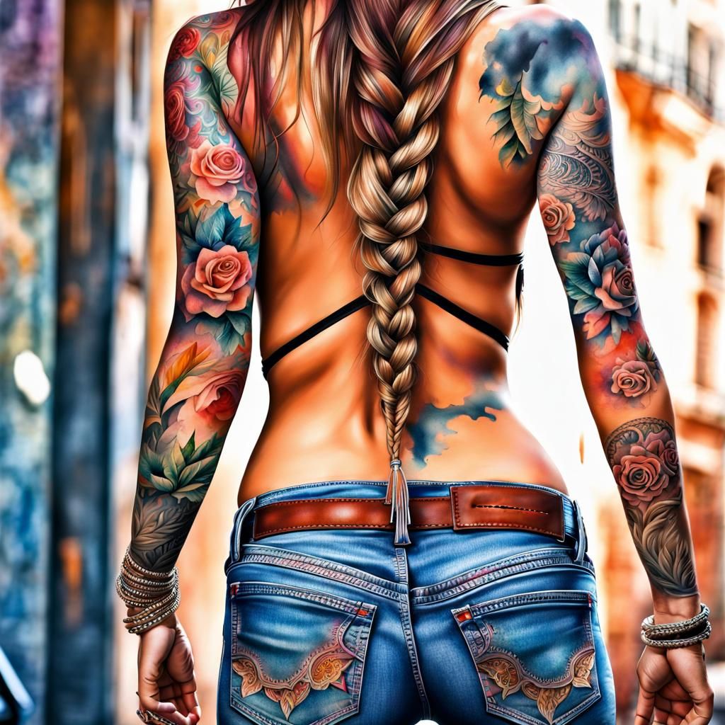 Tattooed Woman with Braid in Watercolor Style