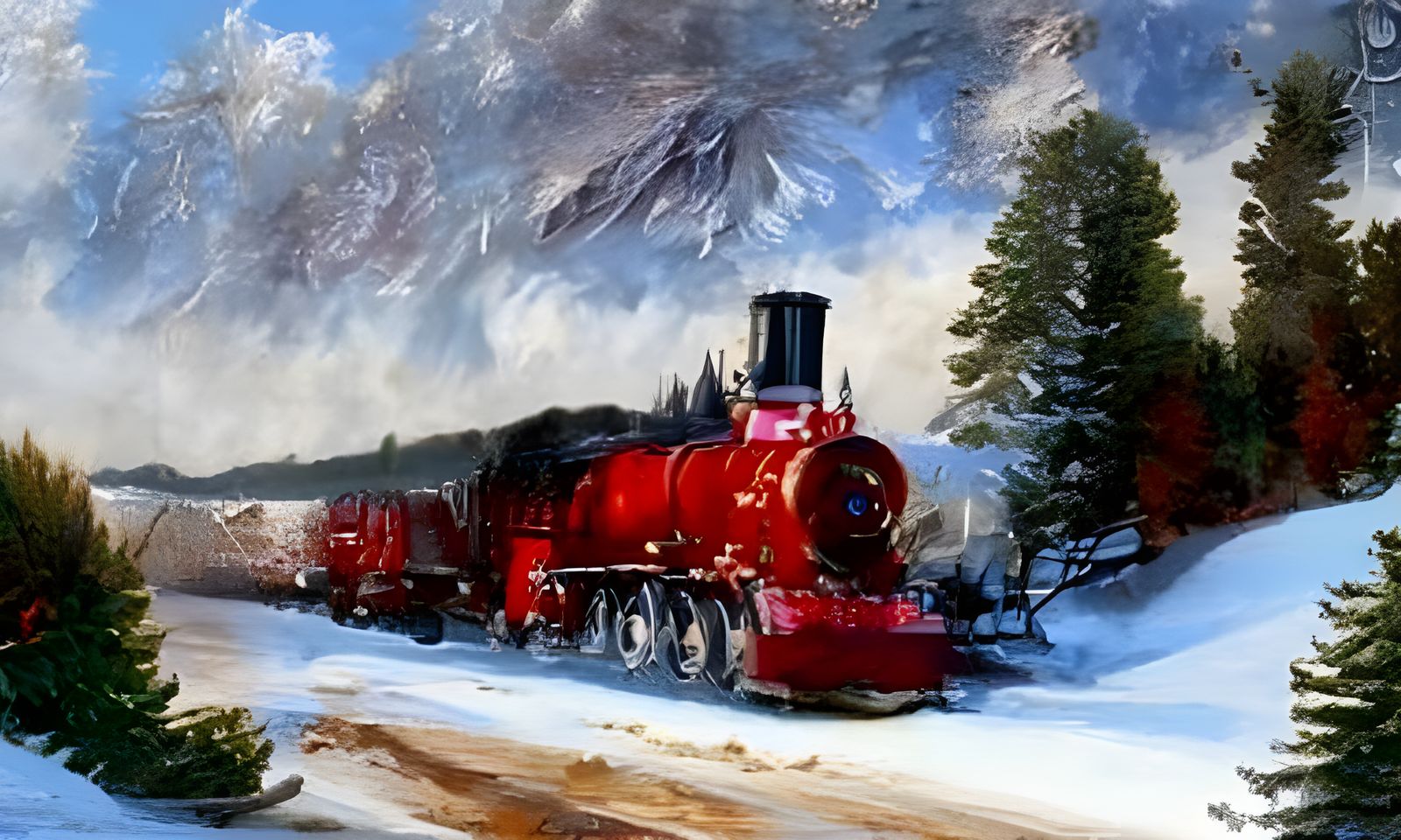 Santa Steam Train Through Snowy Forest, Constable Style