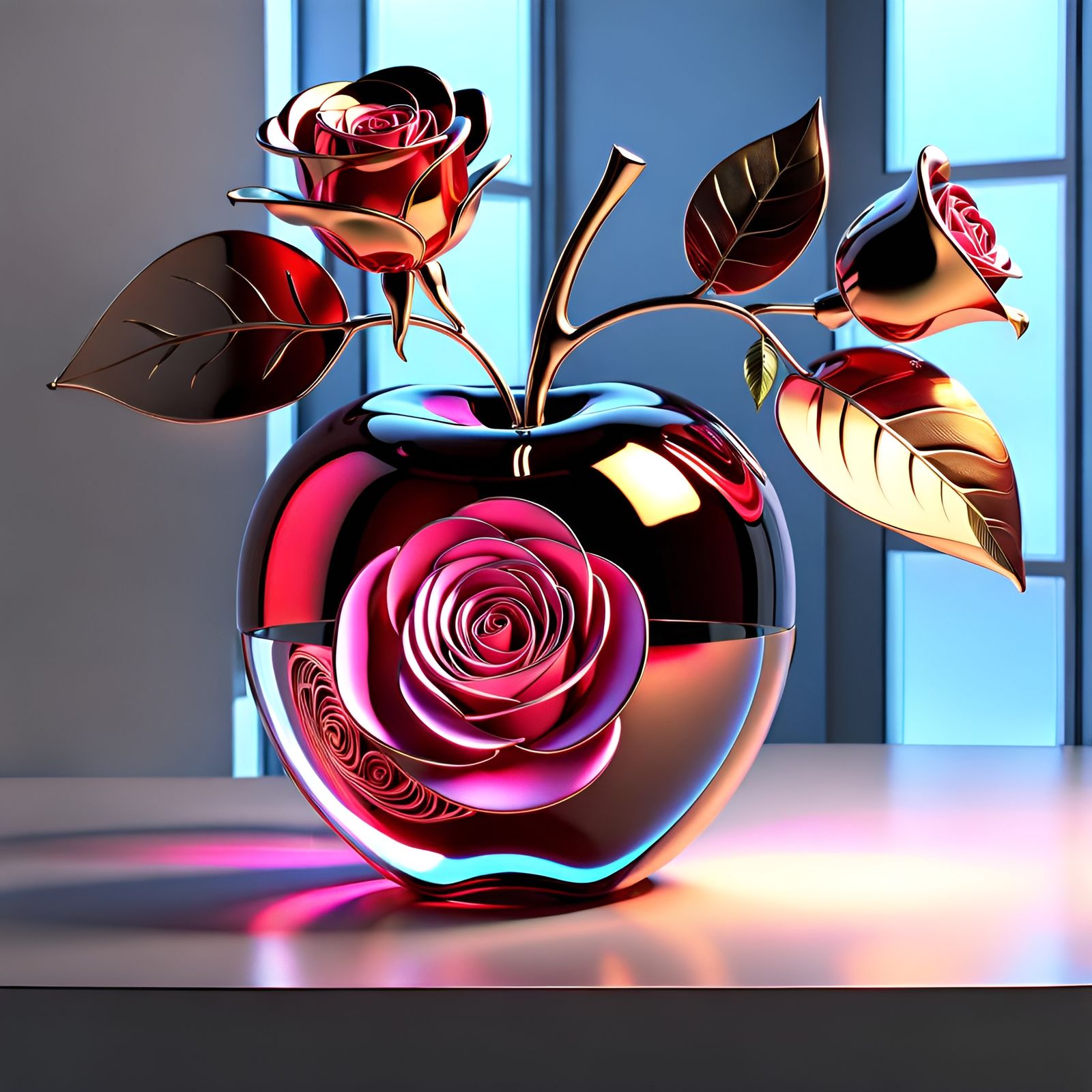 Metallic 3D Rose Flower Inside Glass Apple