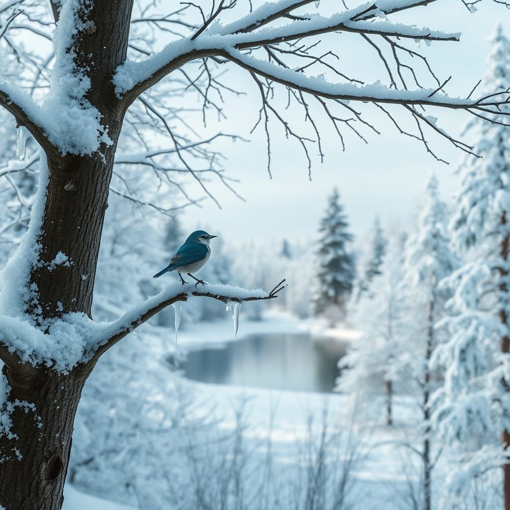Frosty Winter Bird Looks Out Over Frozen Landscape