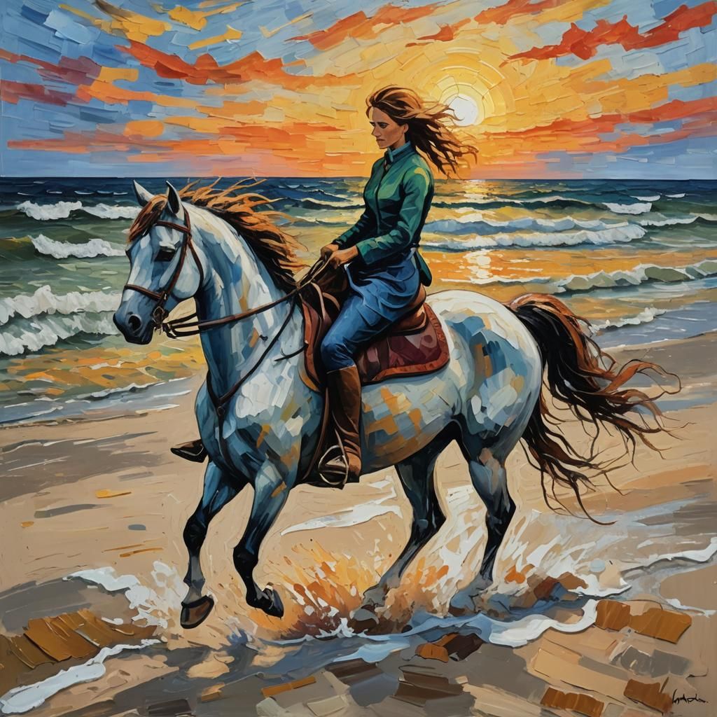 Girl on Horseback at Sunset in Impasto Style