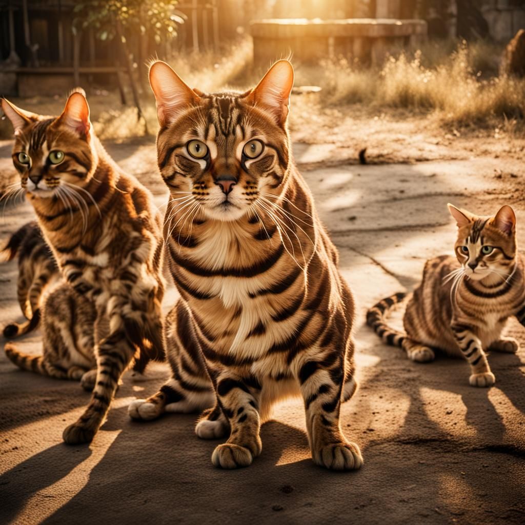 Majestic Bengal Cats Defending Their Queen: Cinematic Still