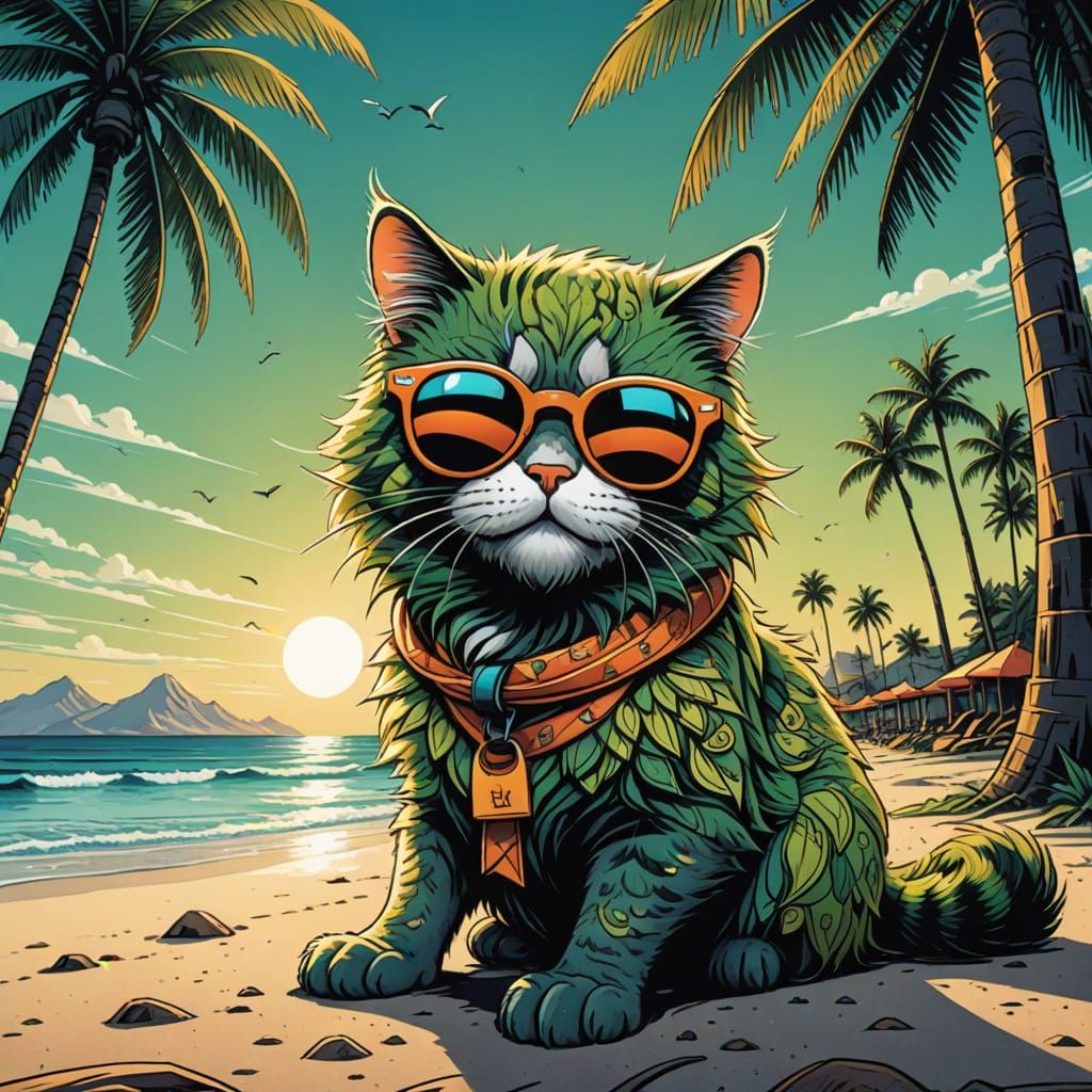 Whimsical Cat-Kiwi Beachcomber in Vibrant Cartoon Style