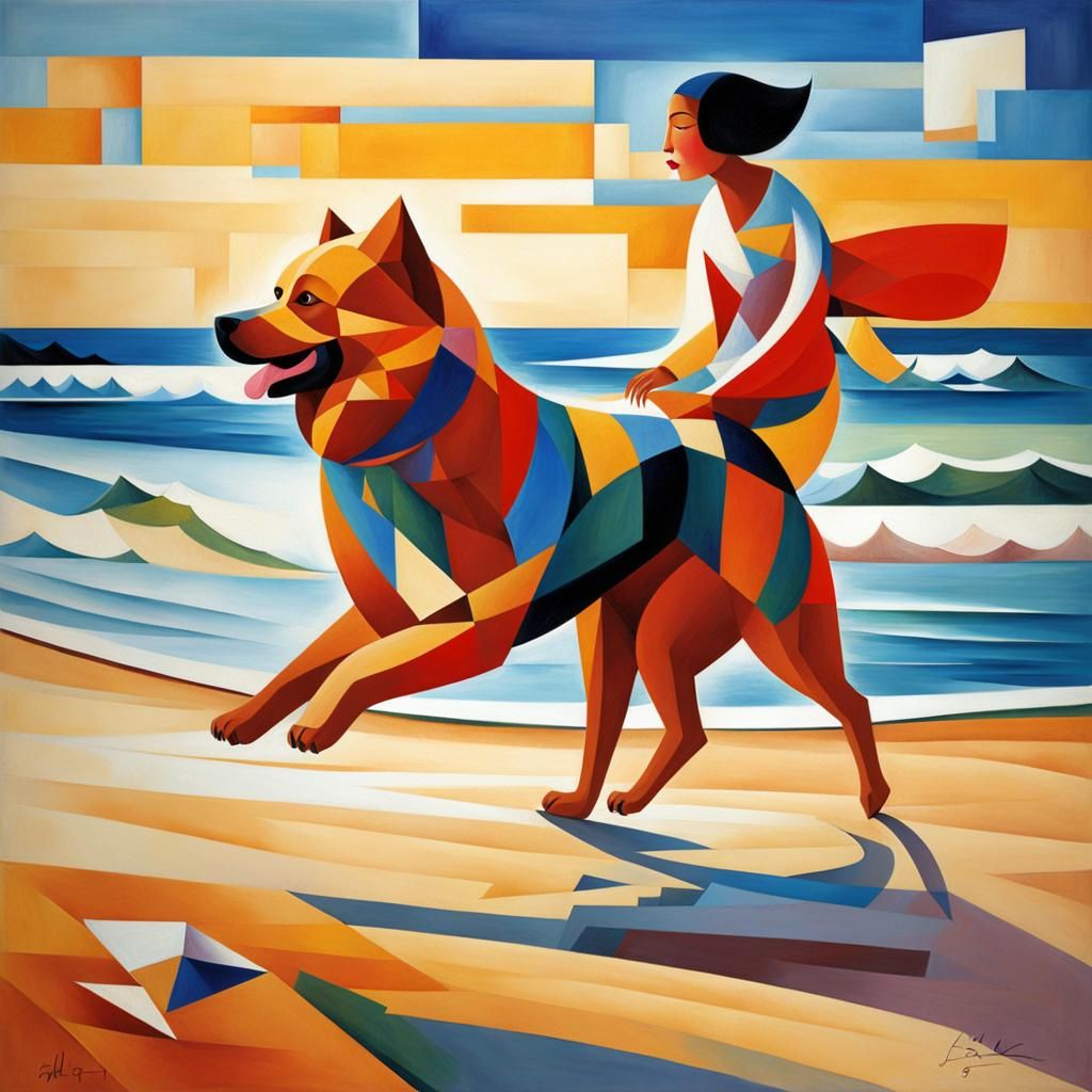 Chow Having Fun on Beach in Cubist Style