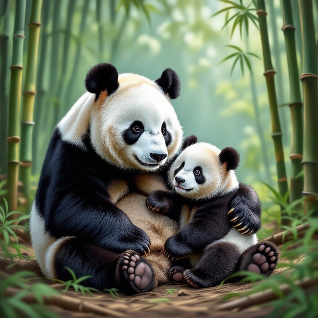 Panda Bear and Cub in Bamboo Forest