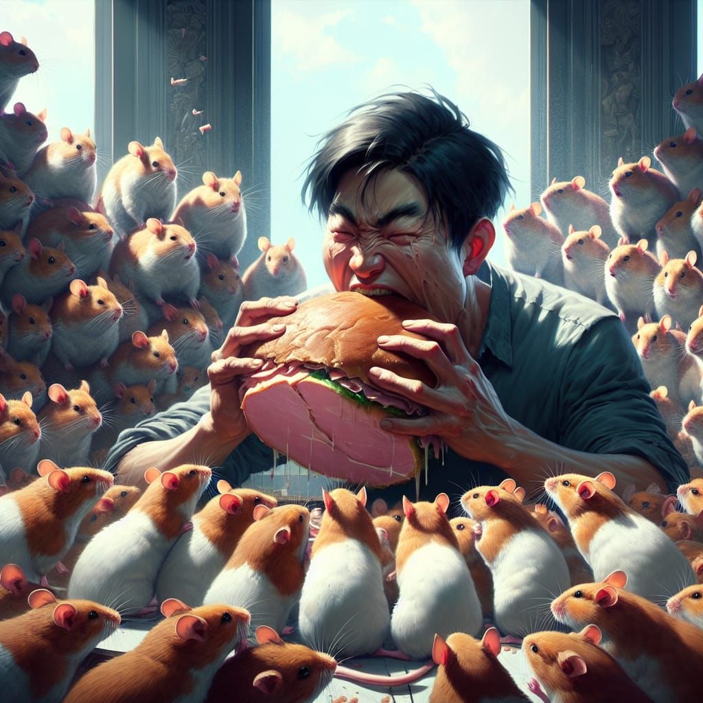 Man Eats Ham Hock Watched by Hamsters, Matte Painting