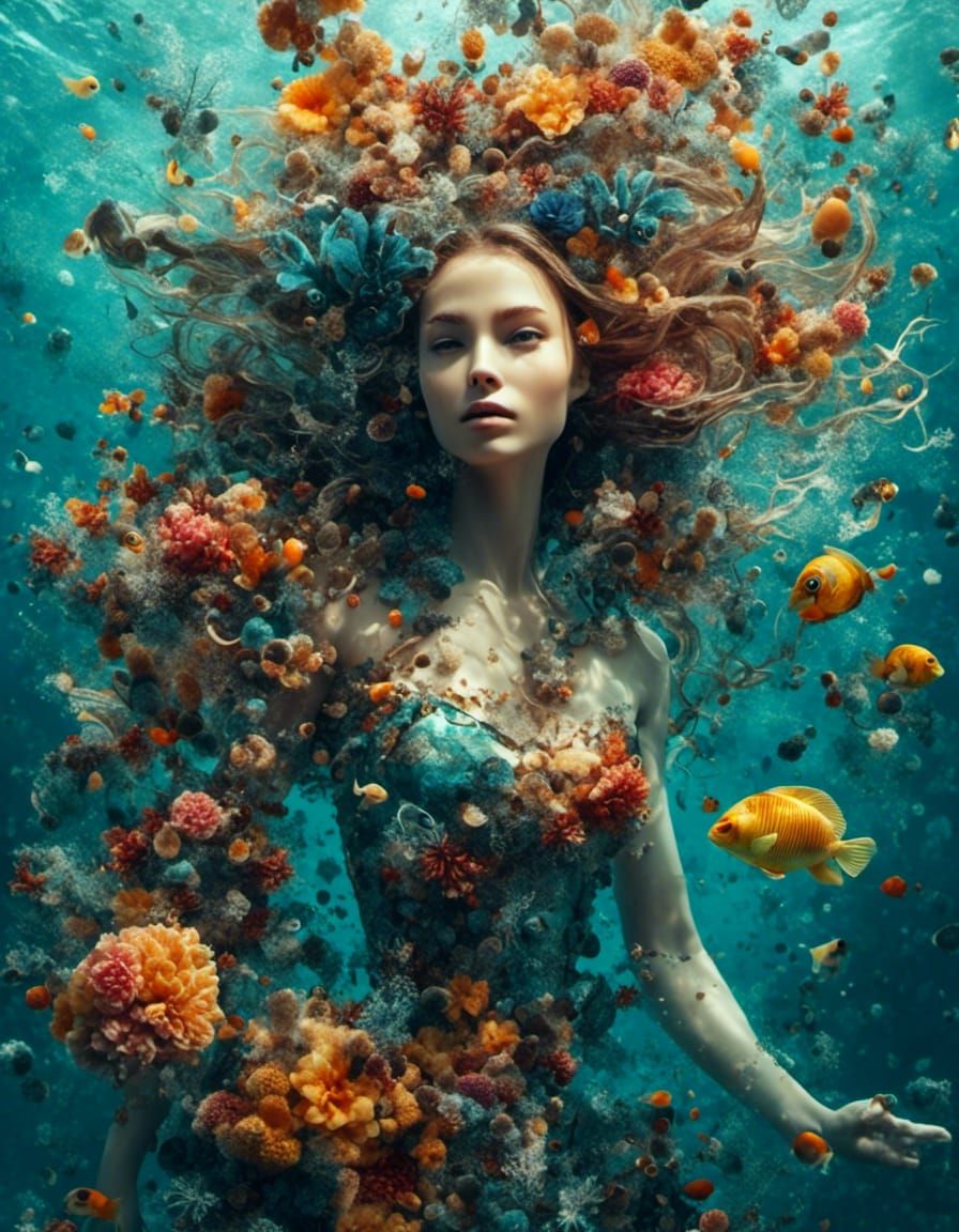 Girl Swimming Underwater with Colourful Sealife