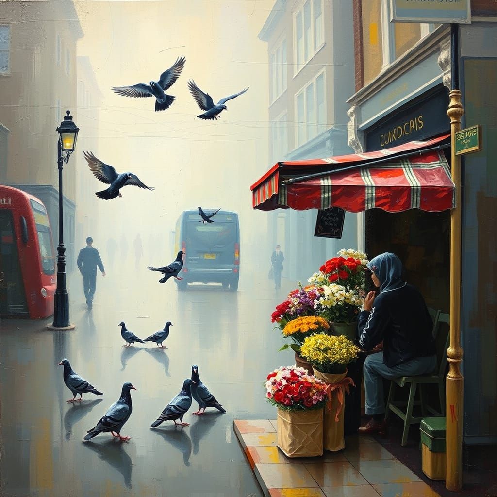 Vibrant Flower Market Scene in London Fog