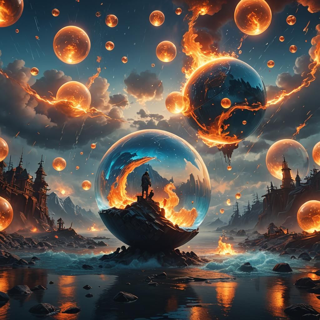 Mystical Fire and Water Globes Merging in Dreamscape