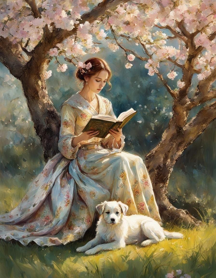Woman reading a book under a blossom tree