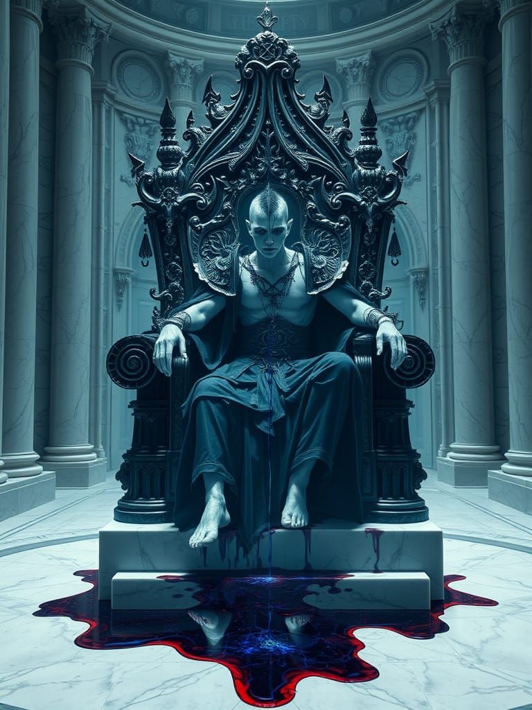 Ethereal Dark Fantasy King Sits Upon Blood-Stained Throne