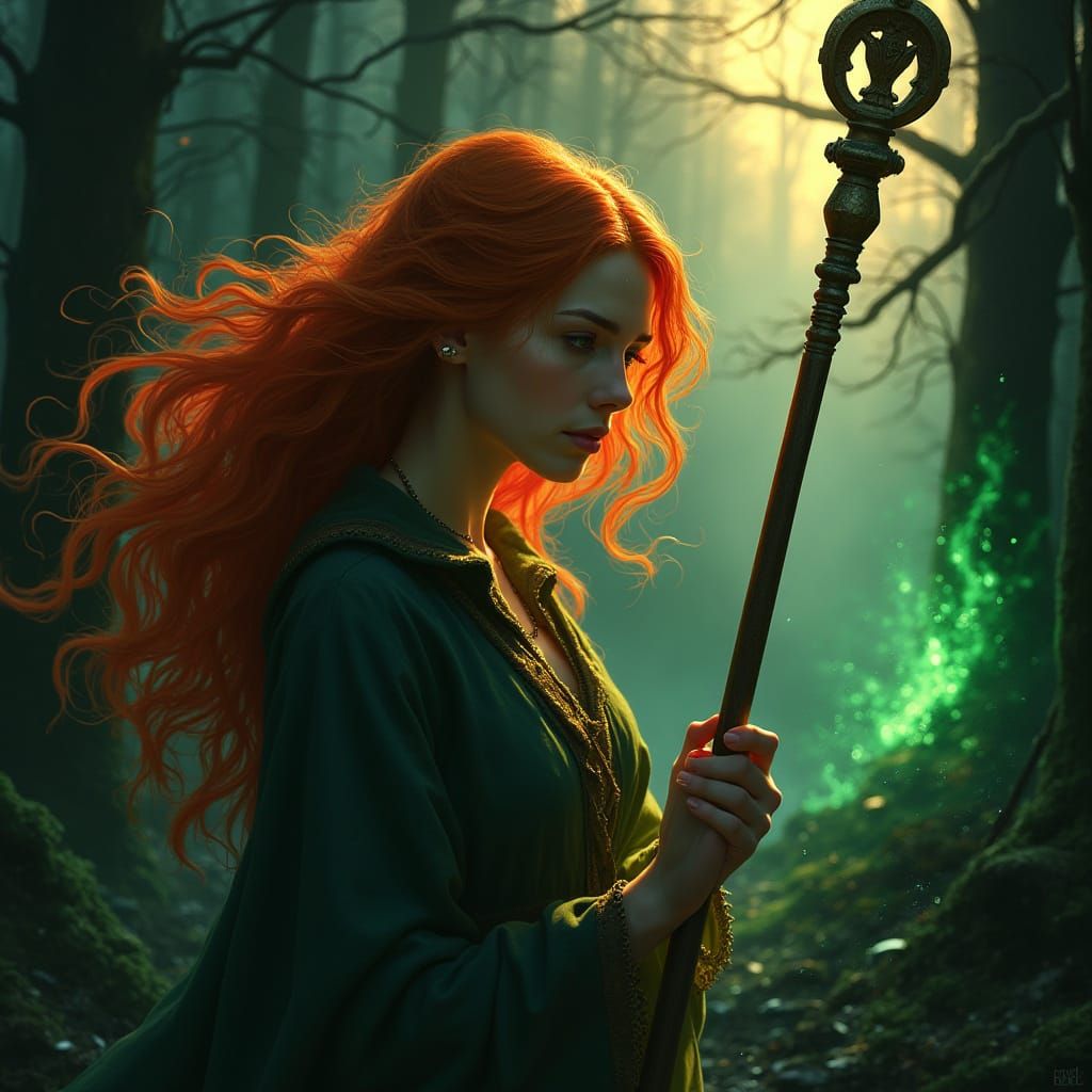 Fiery Haired Woman in Dark Forest with Magical Light