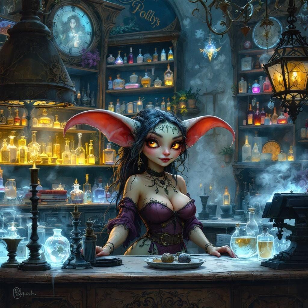 Magical Apothecary Interior with Goblin, Fantasy Art Style