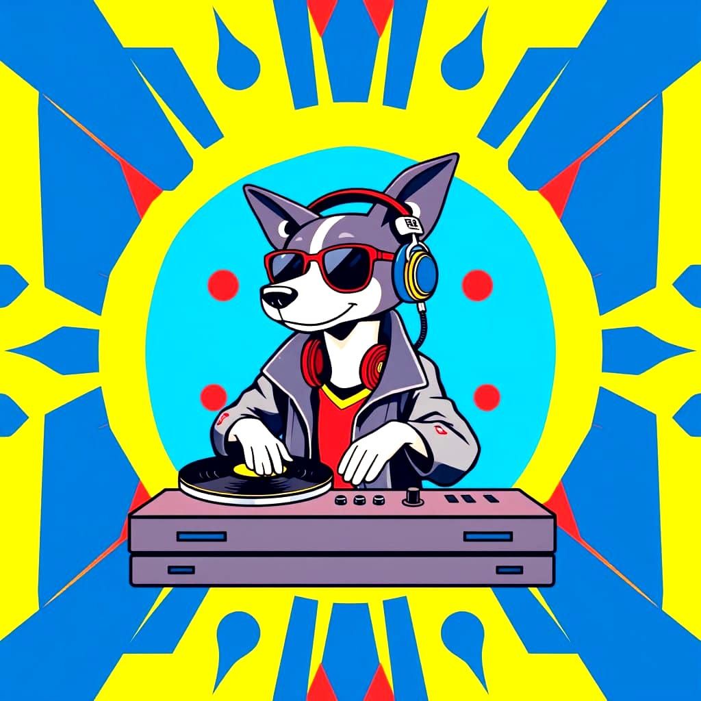 Vibrant Pop Art Canine DJ in Triadic Hues