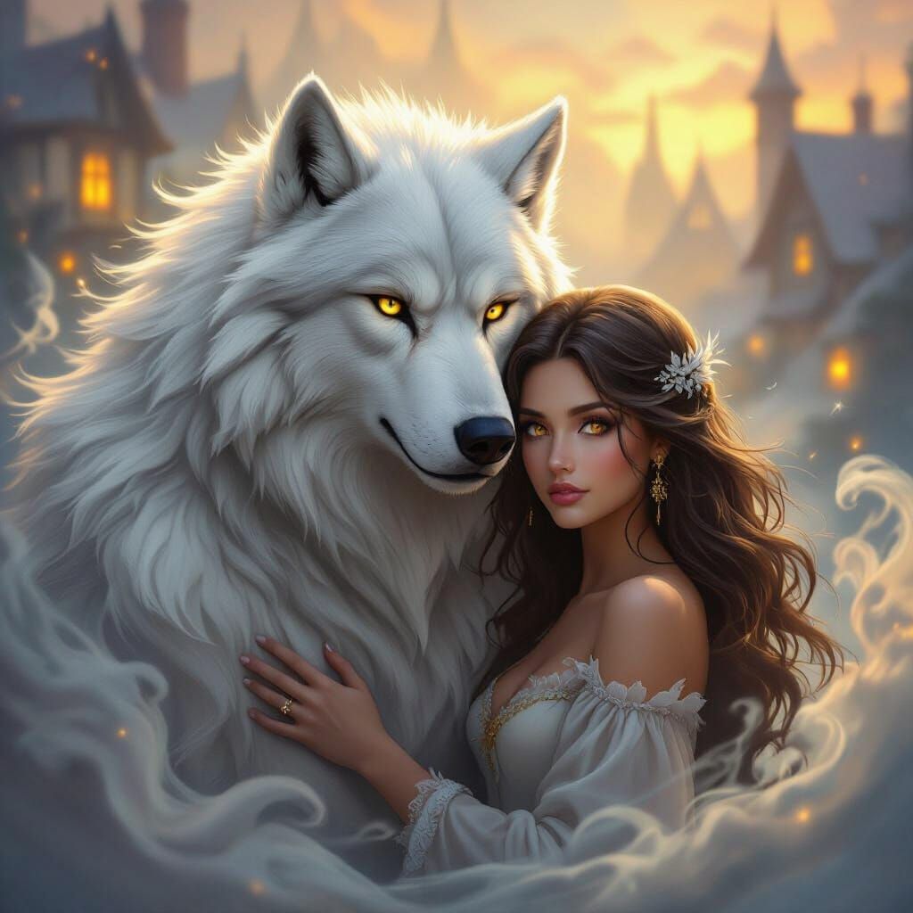 Werewolf Protects Ethereal Woman in Mist