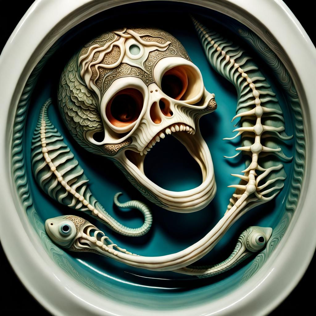 Intricate Skeleton Fish Swimming in Toilet Bowl
