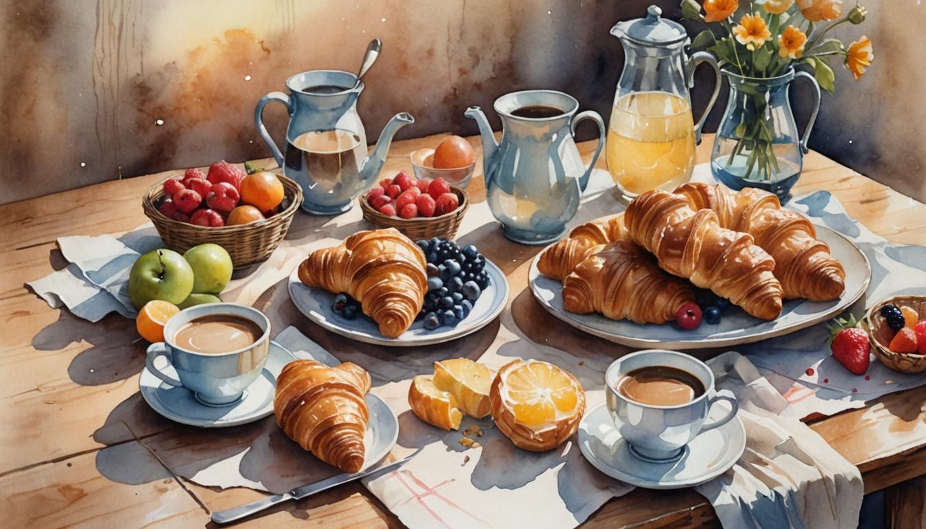 Delicate Watercolor of French Breakfast Still Life