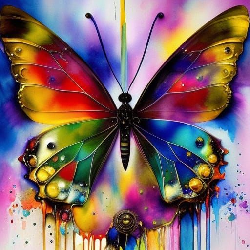 Dripping Butterfly Watercolor in Art Nouveau Style