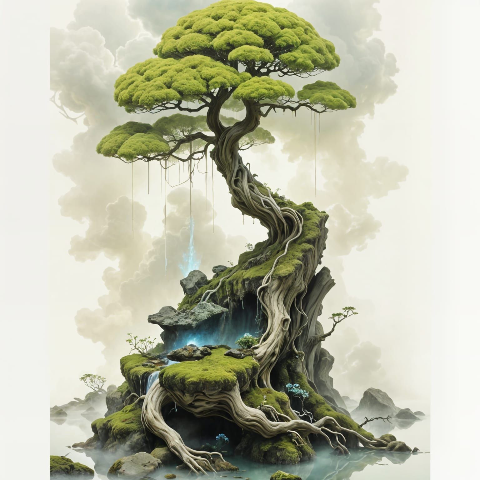 Surreal Bonsai Tree Composition in Hyperrealistic Style