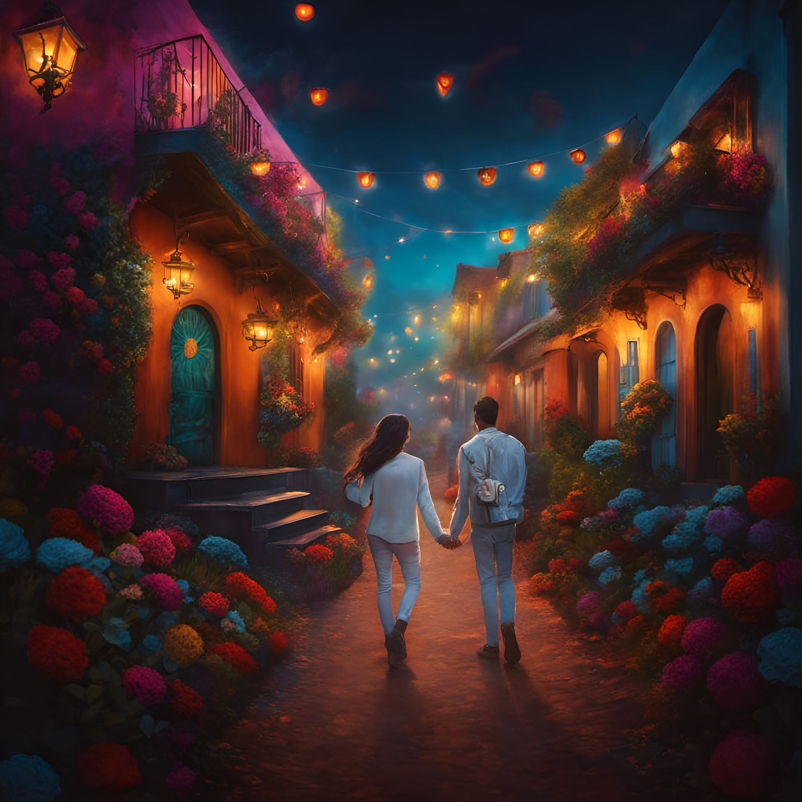 Macabre Sugar Skull Couple in Pop Surrealism Style