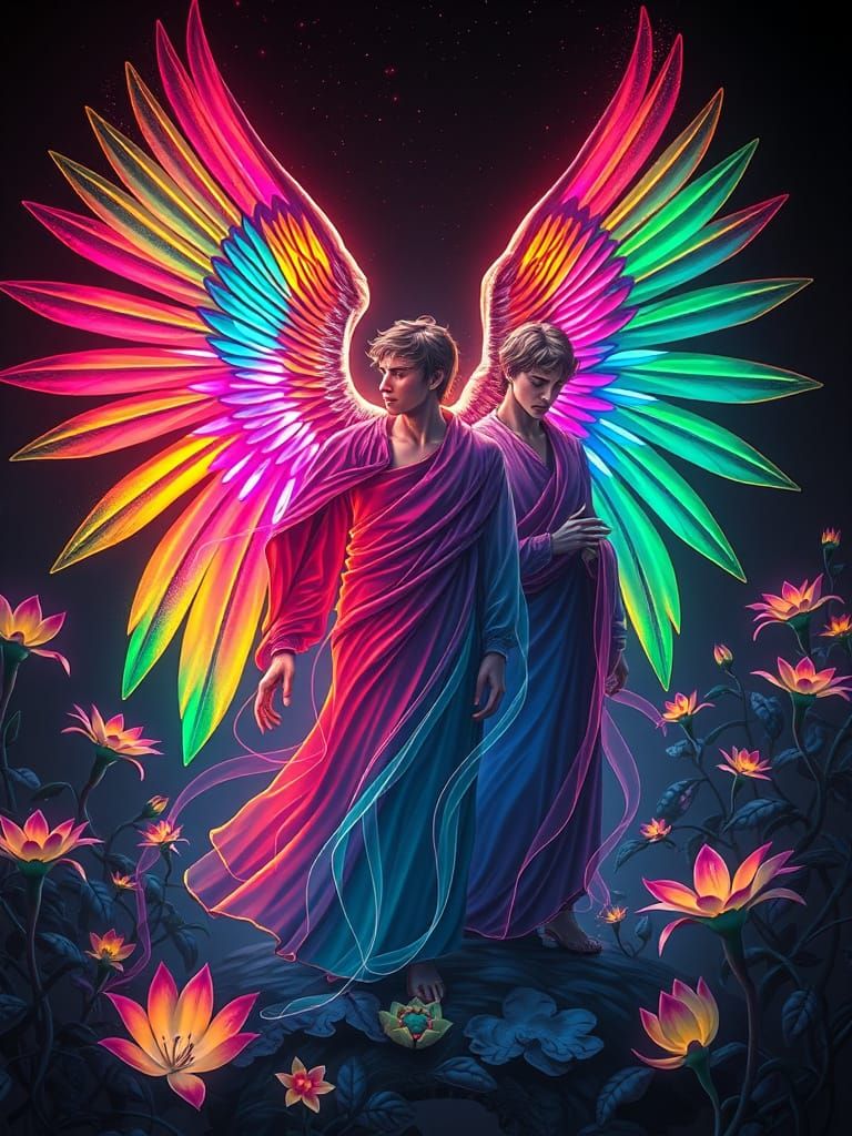 Neon Archangels with Rainbow Wings in Futuristic Style