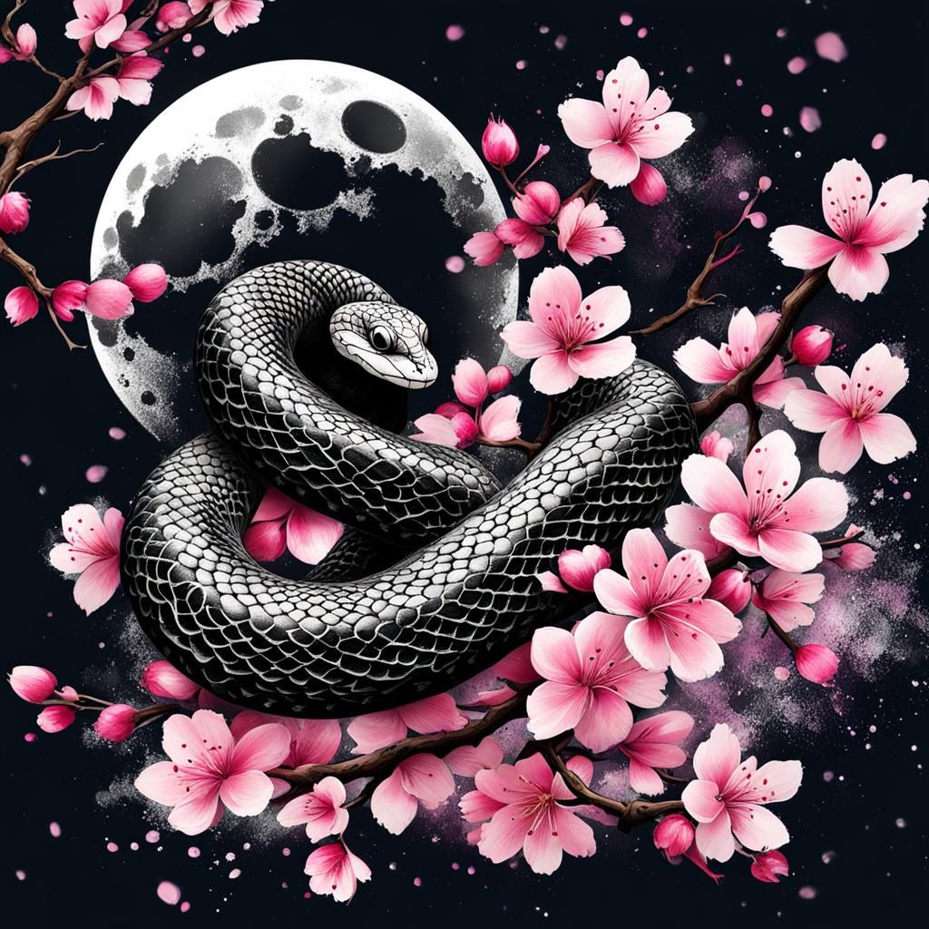 Sakura Serpent with Subtle Ink-Splash / Ink-Splatter Touches