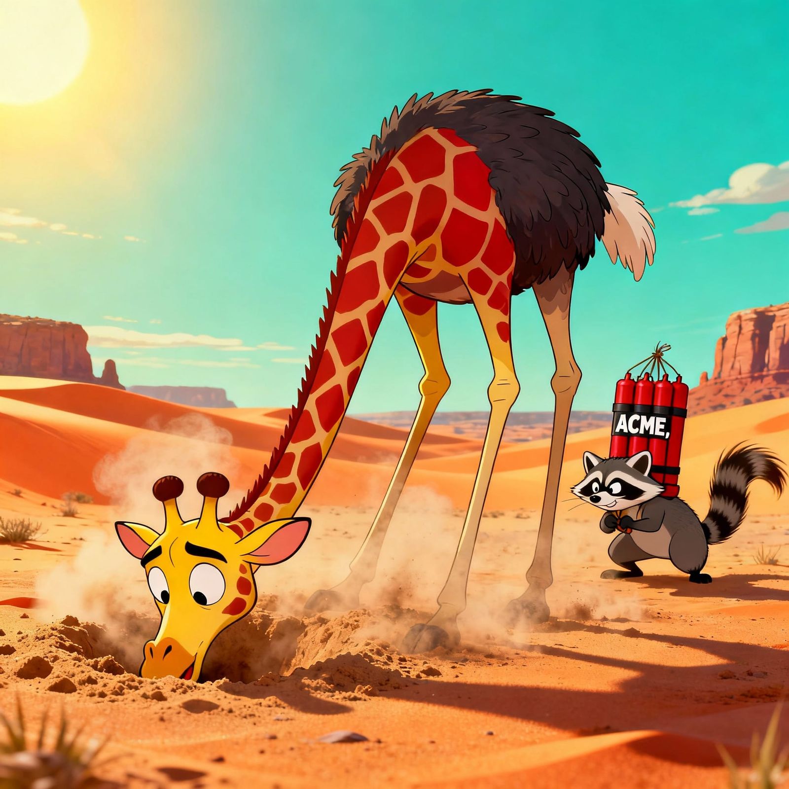 Cartoon Giraffe Hides Head in Sand from TNT-Wielding Raccoon