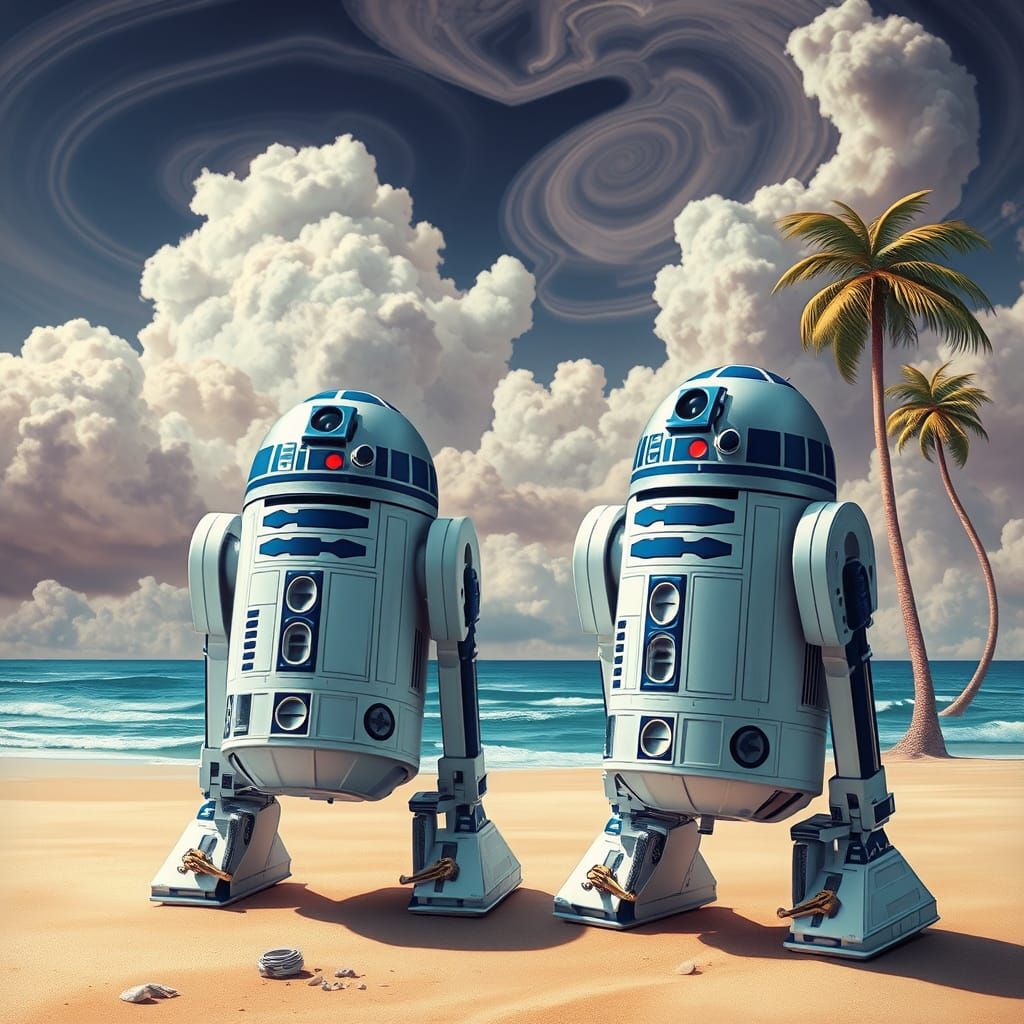 R2D2 and C3PO on a Surreal Beach