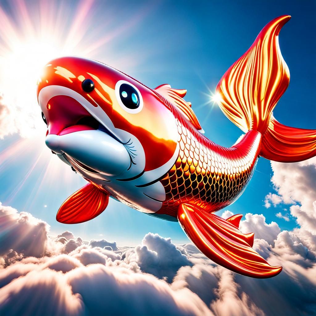 Shiny foil helium balloon Koi fish, soaring indifferent above the clouds