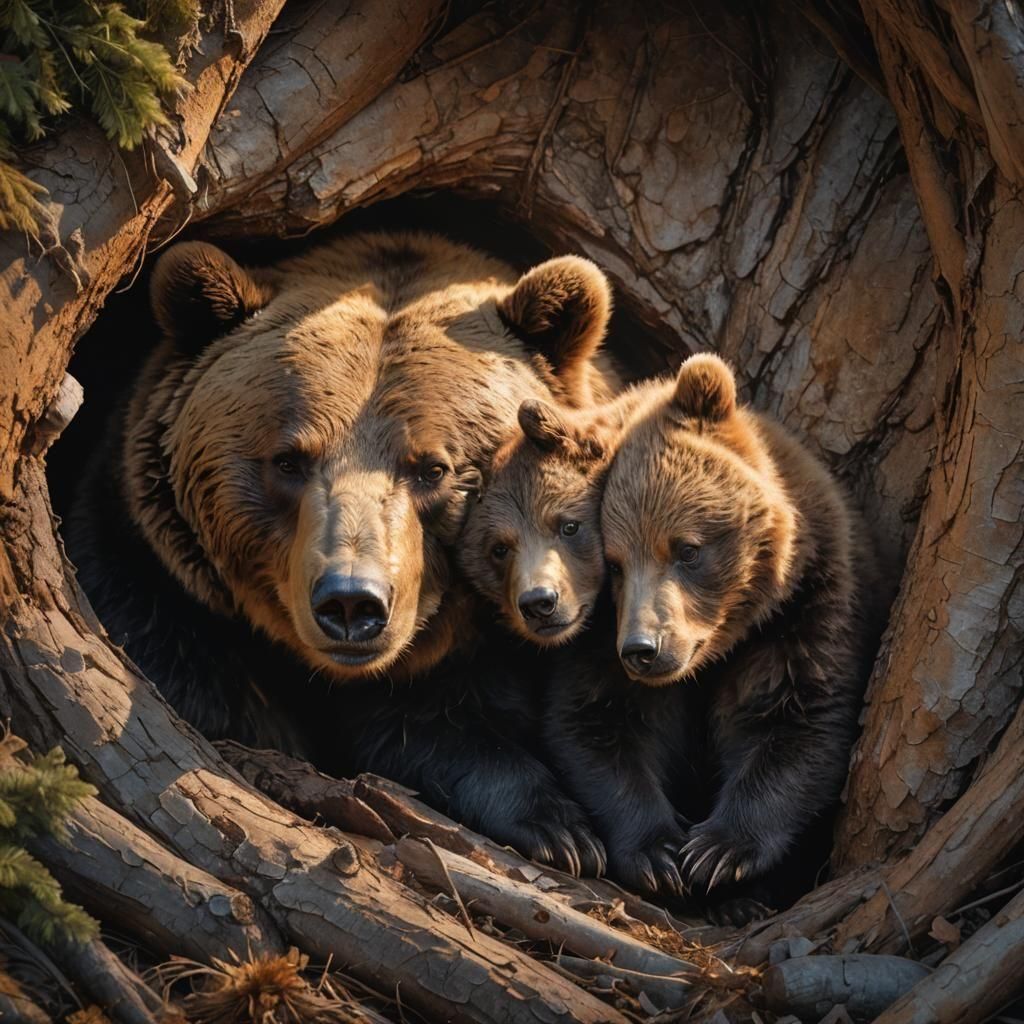 Mother Bear and Cubs Winter Den: Hyperrealistic Wildlife