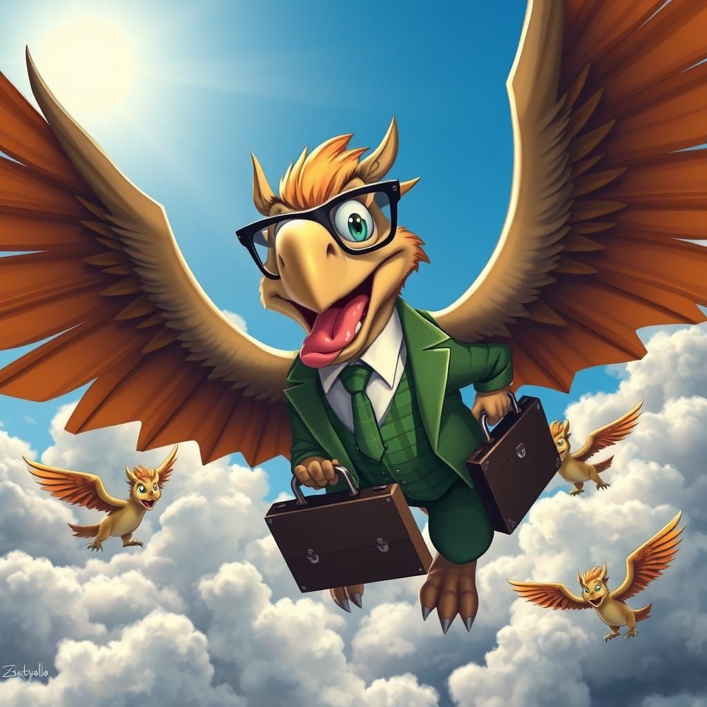 Cartoon Griffin in Business Suit Soaring Through Sky