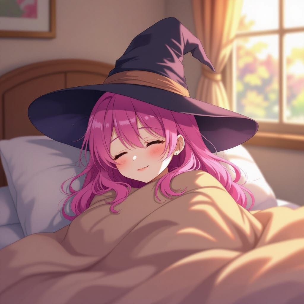 Anime Witch Girl Sleeping in Autumn Room with Morning Light