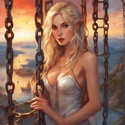 Captivating Portrait of Blonde Woman in Chains, Splash Art