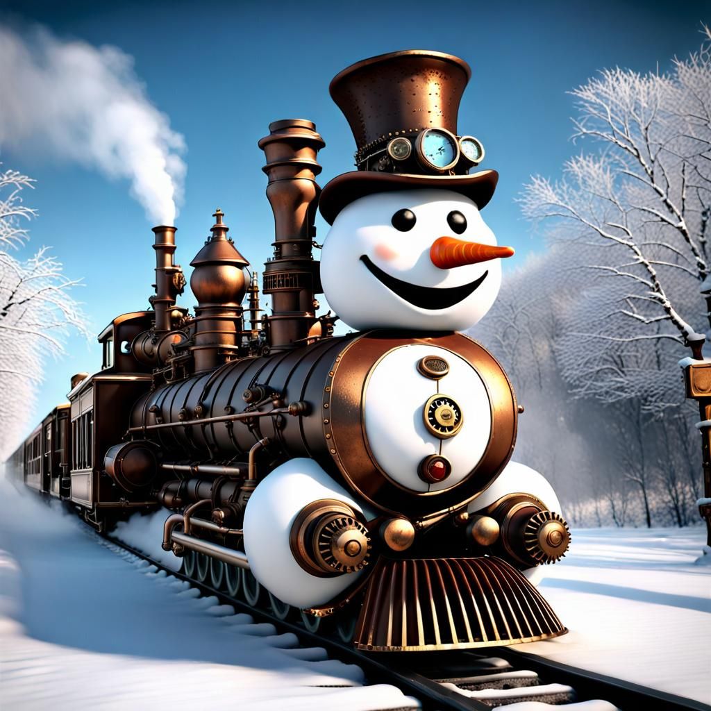 Steampunk snowman driving a train.