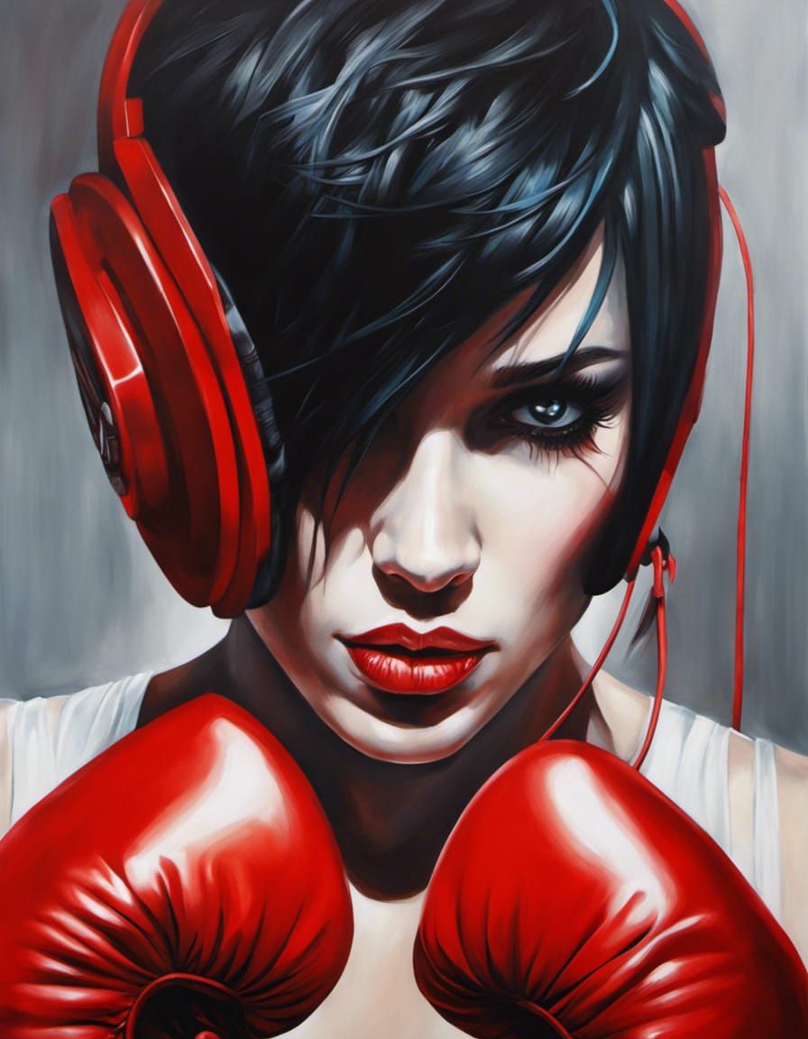 Boxing Emo with Red Headphones in Acrylic Style