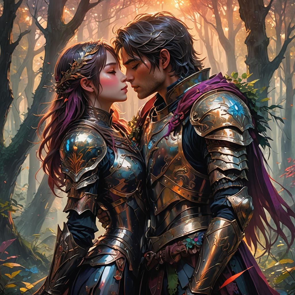 Anime Girl Kissing Boy in Mystical Forest