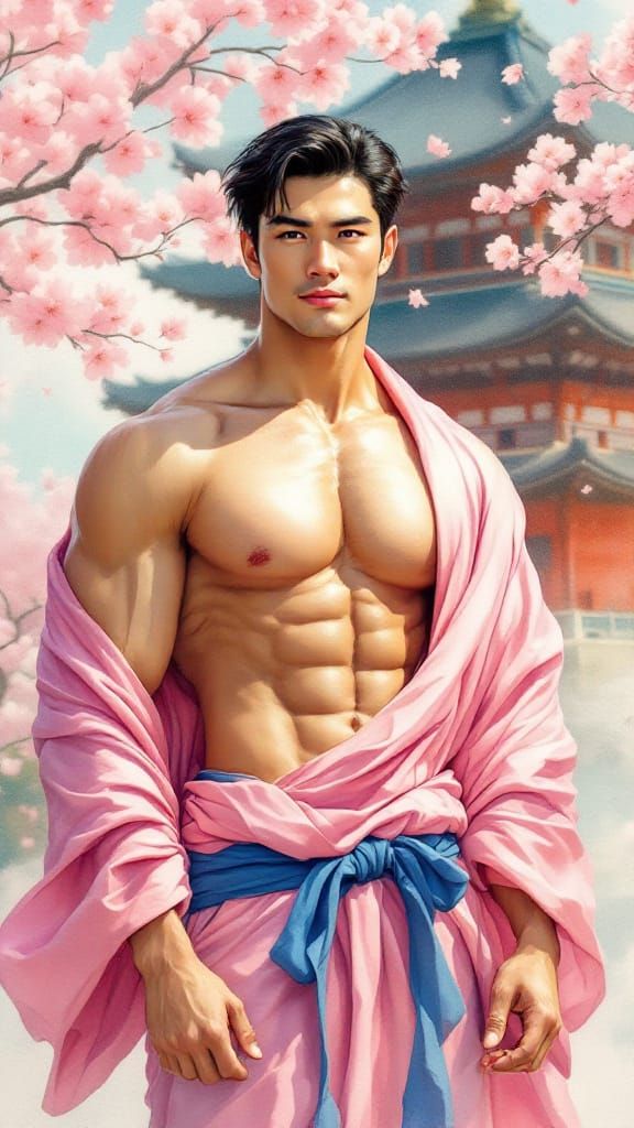 Muscular Asian Man in Pink Robe by Japanese Pagoda