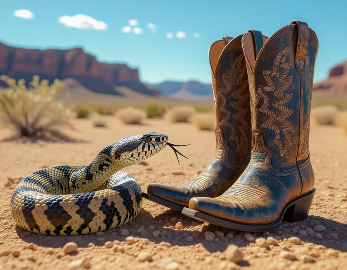 Rattlesnake Poised to Strike Cowboy Boots in Desert