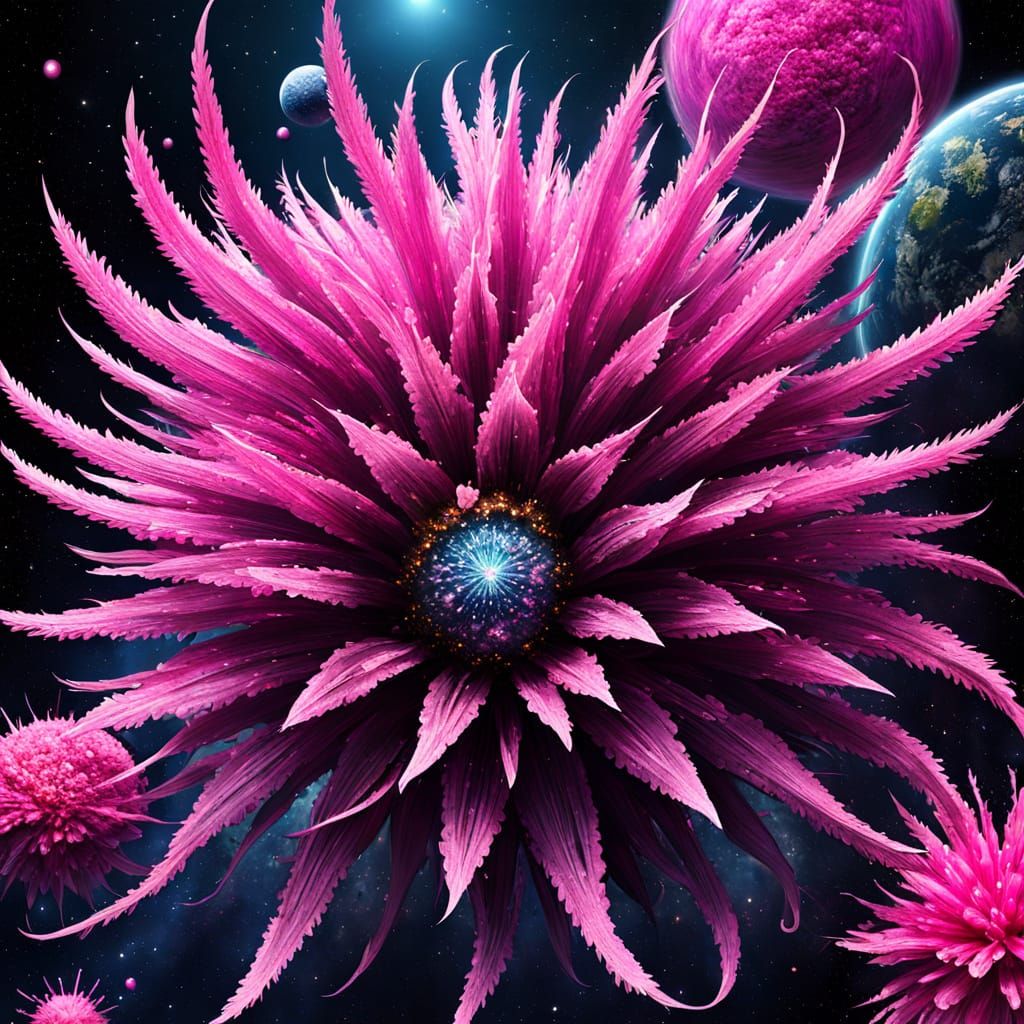 Cosmic Pink Bloom in Vibrant Intergalactic Landscape