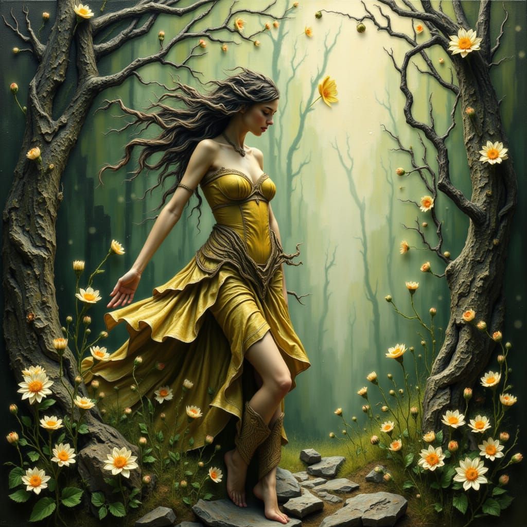 Woman Dancing in a Lush Forest with Volumetric Lighting