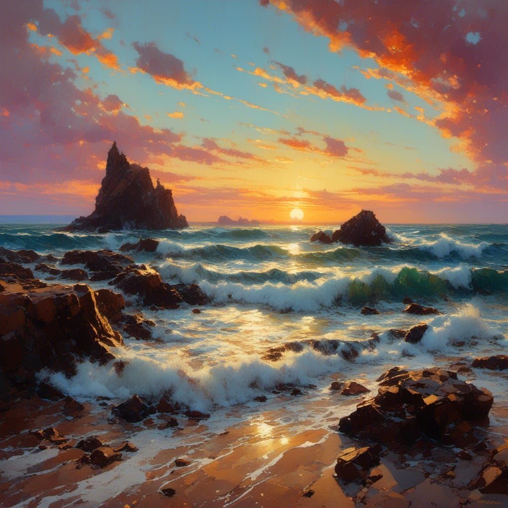 Coastal Sunset with Lighthouse in Expressive Style