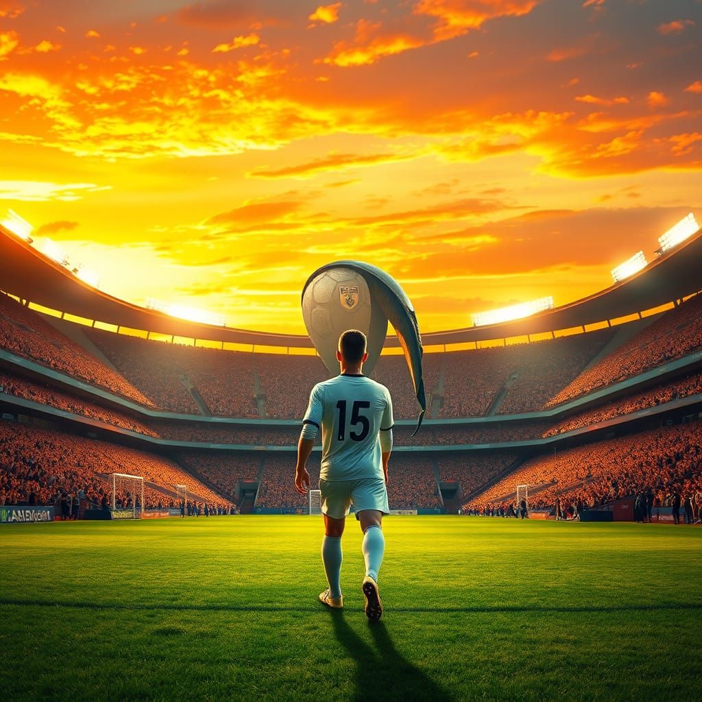 Soccer Star Walks onto Stadium Field at Sunset, Surrounded b...