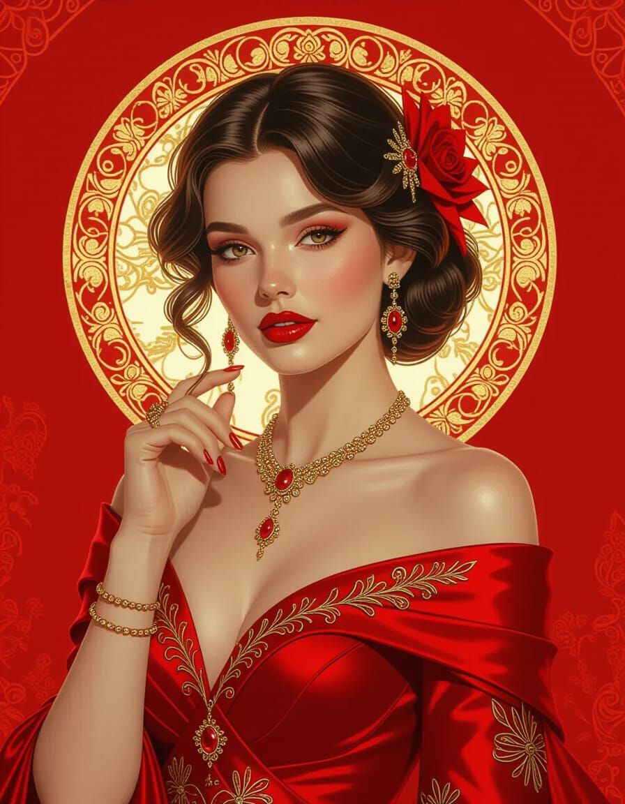 Charming Woman in Red Attire with Dynamic Lighting