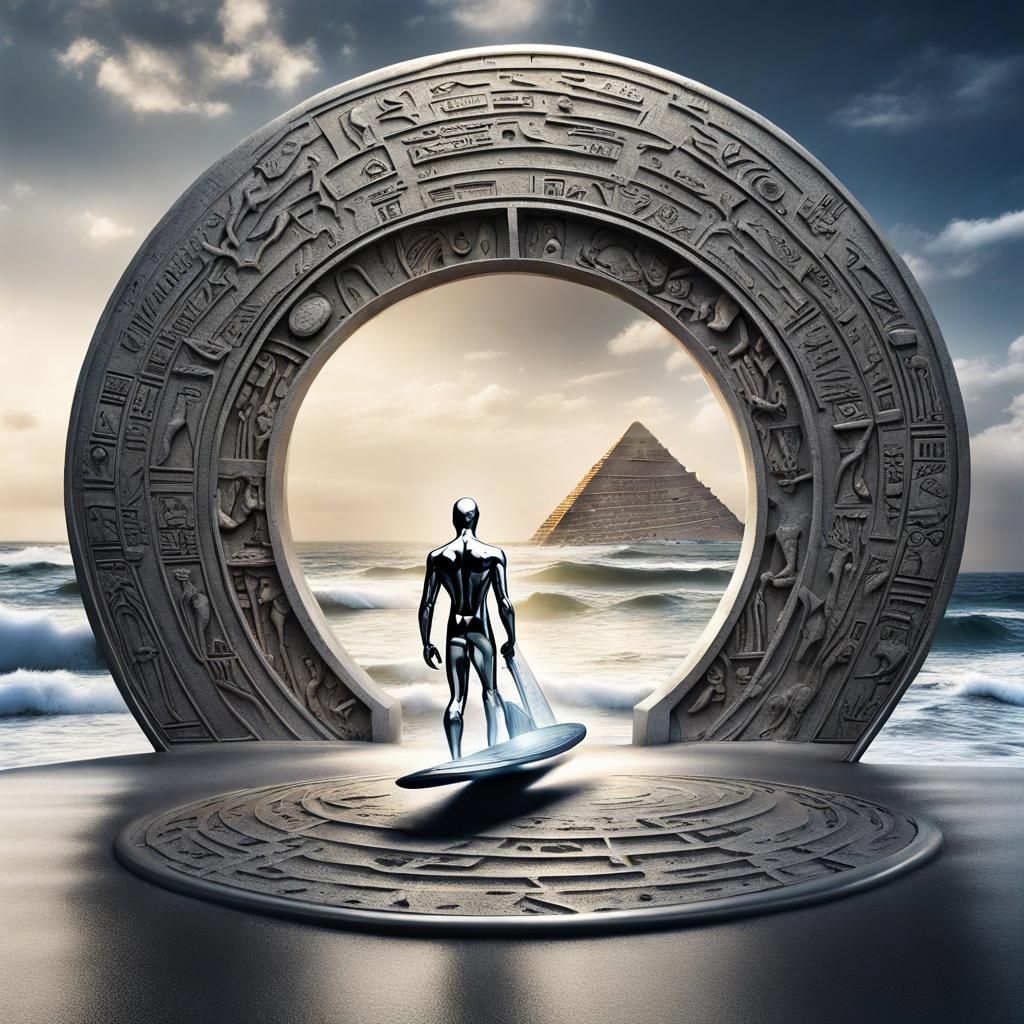 Silver Surfer and Egyptian Portal: Hyperrealistic Image